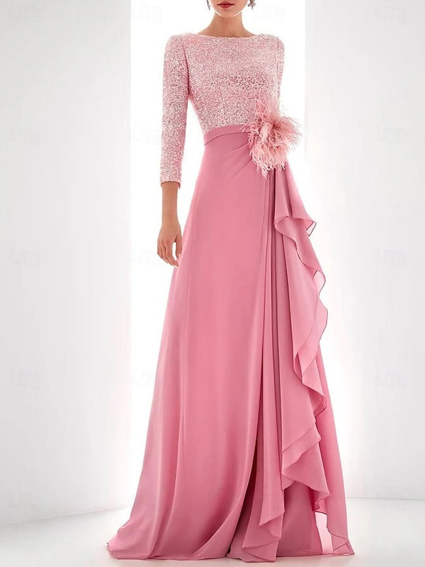 Pink Chiffon Mother of the Bride Dresses 2026 A-Line with Sequin and Feather Details, Long Sleeves Asymmetrical Floor Length Formal Gown, Pink Pink Chiffon Mother of the Bride Dresses 2026 A-Line with Sequin and Feather Details, Long Sleeves Asymmetrical Floor Length Formal Gown, Pink