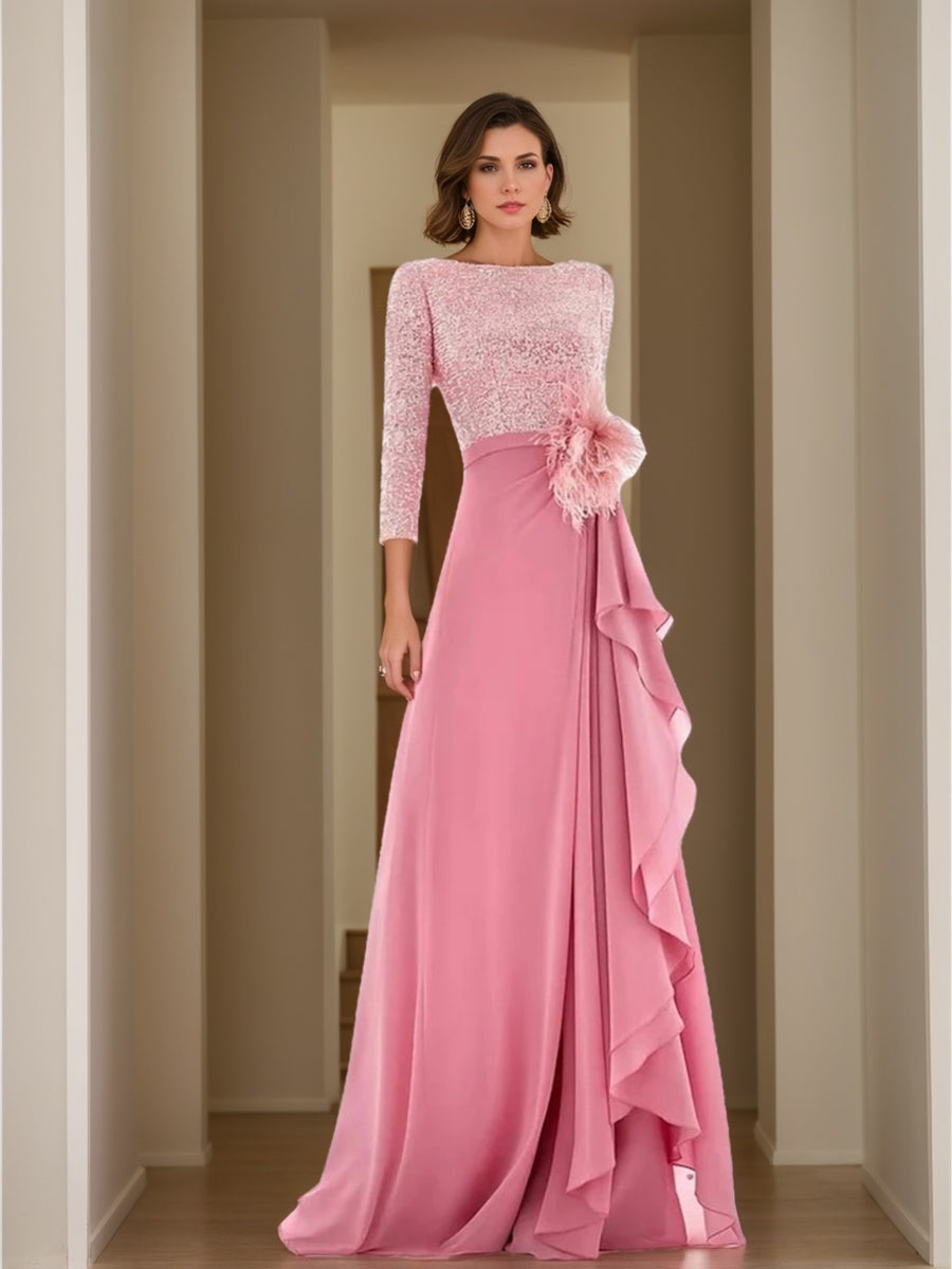 A-Line/Princess Jewel Neck Long Sleeves Asymmetrical Mother of the Bride Dresses With Sequin & Feather & Pearls