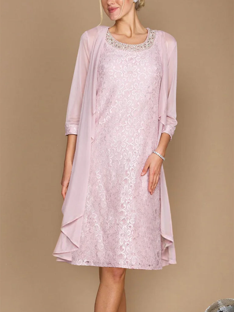 Mother of the Bride Dresses 2026 Sheath/Column Scoop Half Sleeves Knee-Length Formal Evening Gowns With Jacket & Embroidery, Blush Pink Mother of the Bride Dresses 2026 Sheath/Column Scoop Half Sleeves Knee-Length Formal Evening Gowns With Jacket & Embroidery, Blush Pink