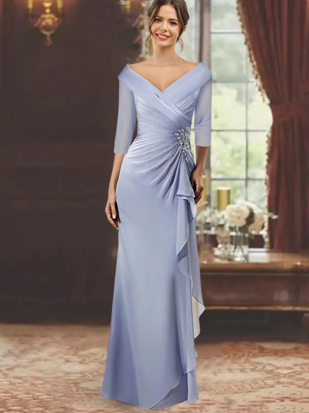Mother of the Bride Dresses 2026 Sheath/Column V-Neck Half Sleeves Floor-Length Formal Evening Gowns with Ruffles & Appliques, As Pic Mother of the Bride Dresses 2026 Sheath/Column V-Neck Half Sleeves Floor-Length Formal Evening Gowns with Ruffles & Appliques, As Pic
