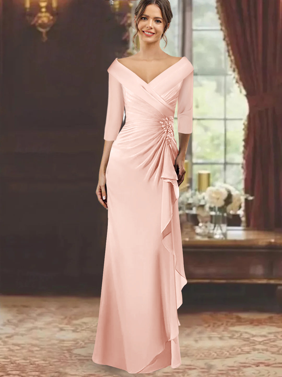 pink v neck dress with sleeves V-NECK KNEE LENGTH DRESS IN LIGHT PINK | CULT MIA
