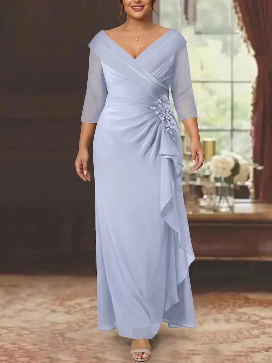 Sheath/Column V-Neck Half Sleeves Floor-Length Plus Size Mother of the Bride Dresses with Ruffles & Appliques