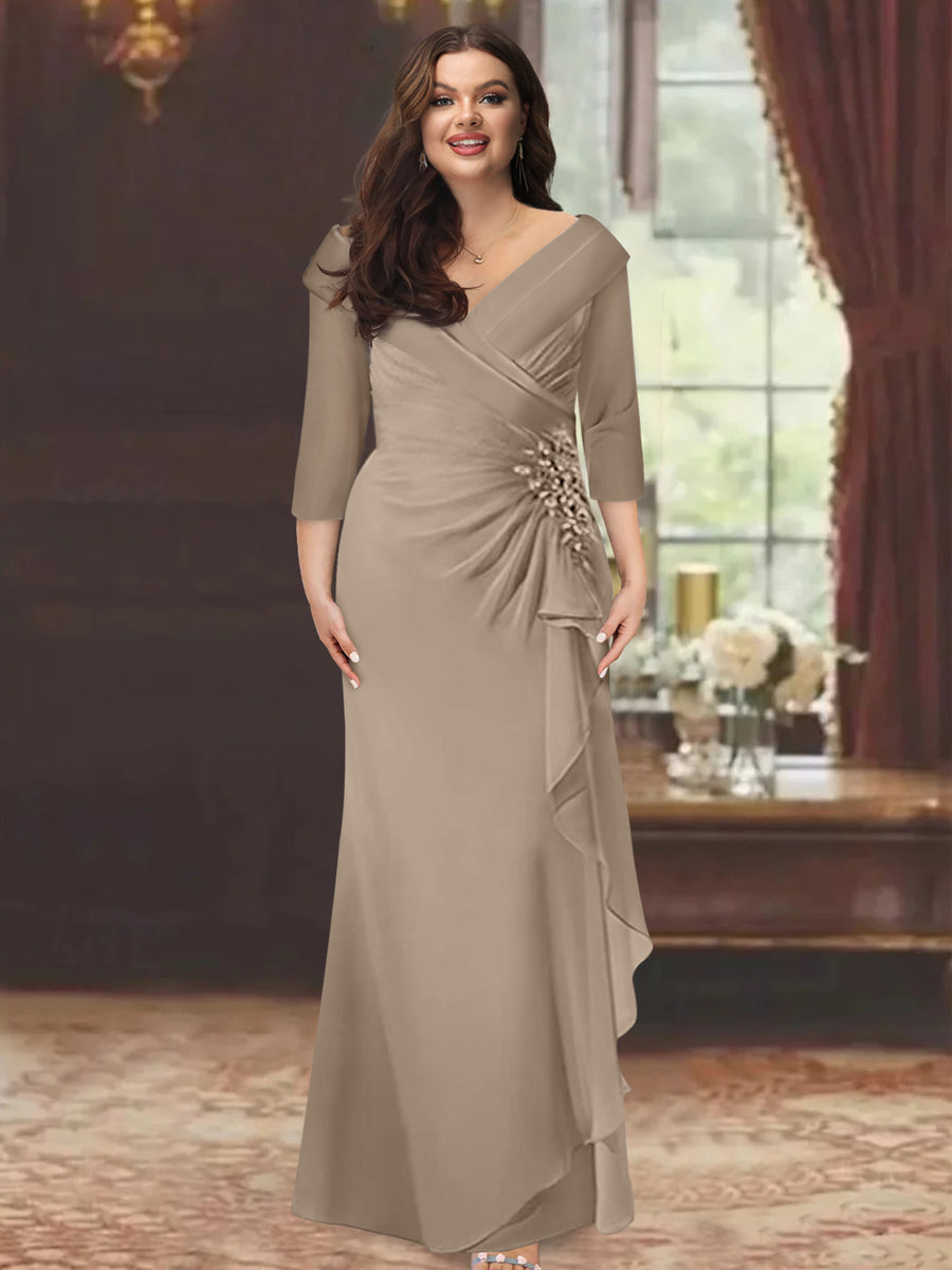 Sheath/Column V-Neck Short Sleeves Floor-Length Plus Size Mother of the Bride Dresses With Ruffles & Appliques