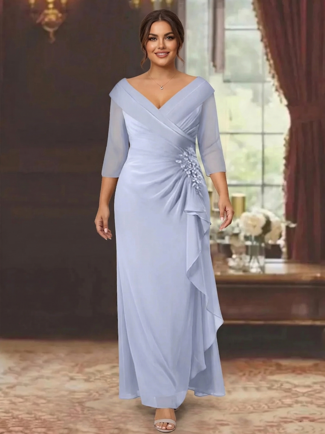 Sheath/Column V-Neck Half Sleeves Floor-Length Plus Size Mother of the Bride Dresses with Ruffles & Appliques