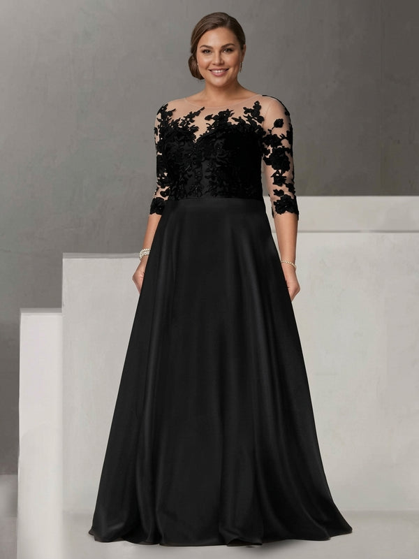 A-Line/Princess Jewel Neck 3/4 Length Sleeves Floor-Length Plus Size Mother of the Bride & Groom Dresses