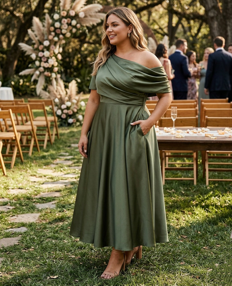 One Shoulder Mother of the Bride Dresses Plus Size 2026 A-Line/Princess Ankle-Length Wedding Formal Evening Gowns with Ruffles, Olive Green