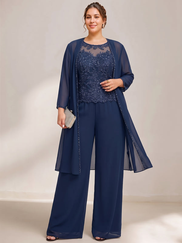 Chiffon 3 Pieces Scoop Neck Long Sleeves Floor-Length Plus Size Mother Of The Bride Pantsuits With Jacket