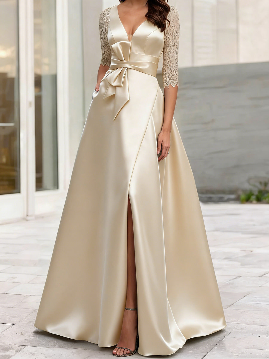 A-Line/Princess V-Neck Half Sleeves Mother Of The Bride Dresses With Split Side