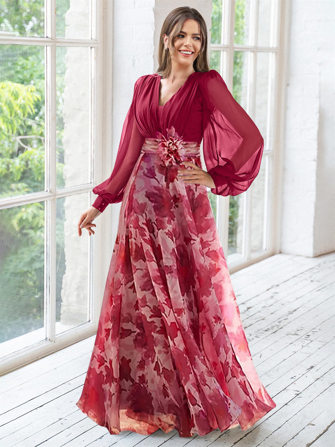 Wine Red Floral Mother of the Bride Dresses With V-Neck Long Sleeves Floor Length Evening Gown Wine Red Floral Mother of the Bride Dresses With V-Neck Long Sleeves Floor Length Evening Gown