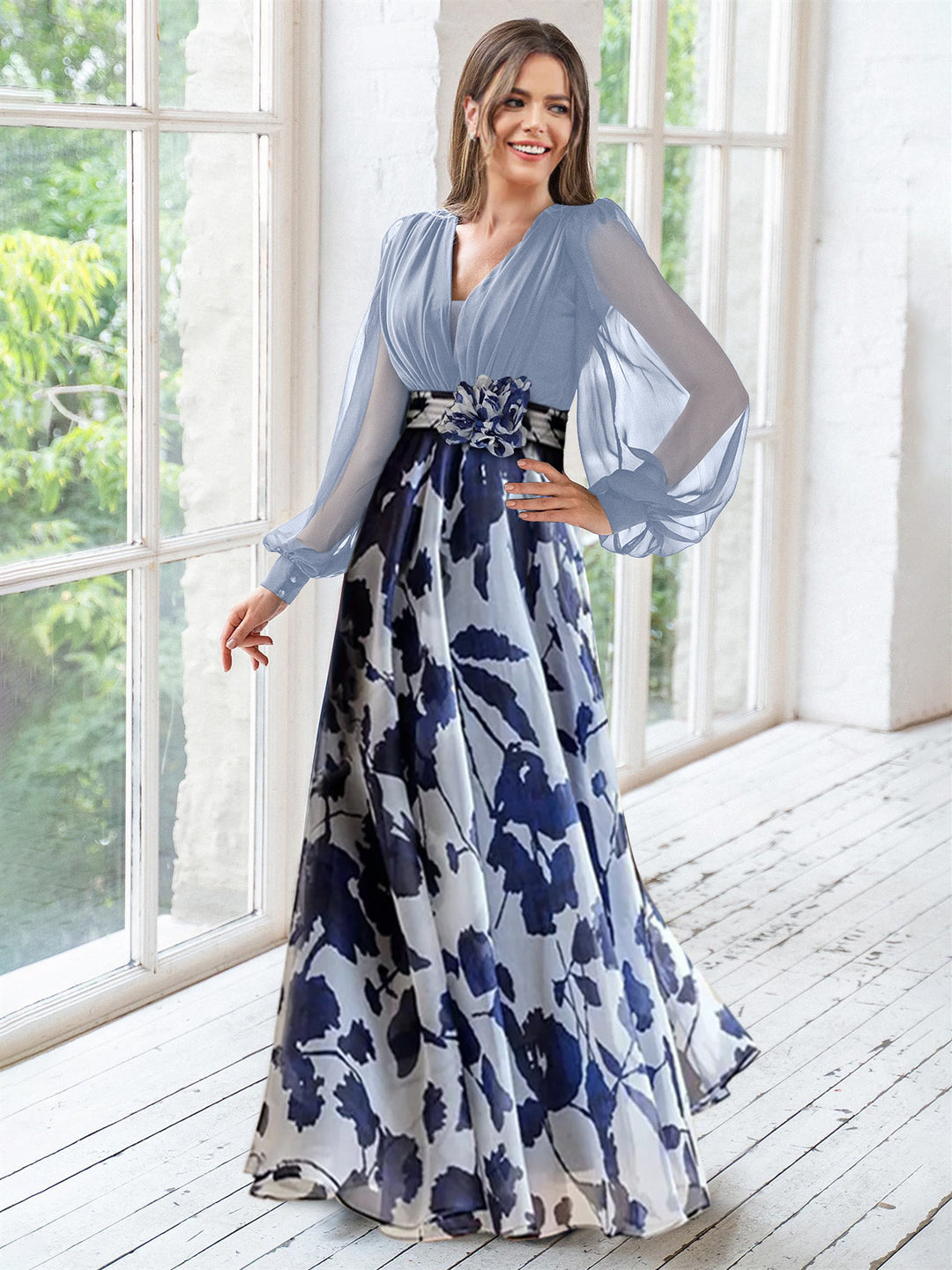 Pale Blue Floral Mother of the Groom Dresses With V-Neck Long Sleeves Floor Length Evening Gown Pale Blue Floral Mother of the Groom Dresses With V-Neck Long Sleeves Floor Length Evening Gown