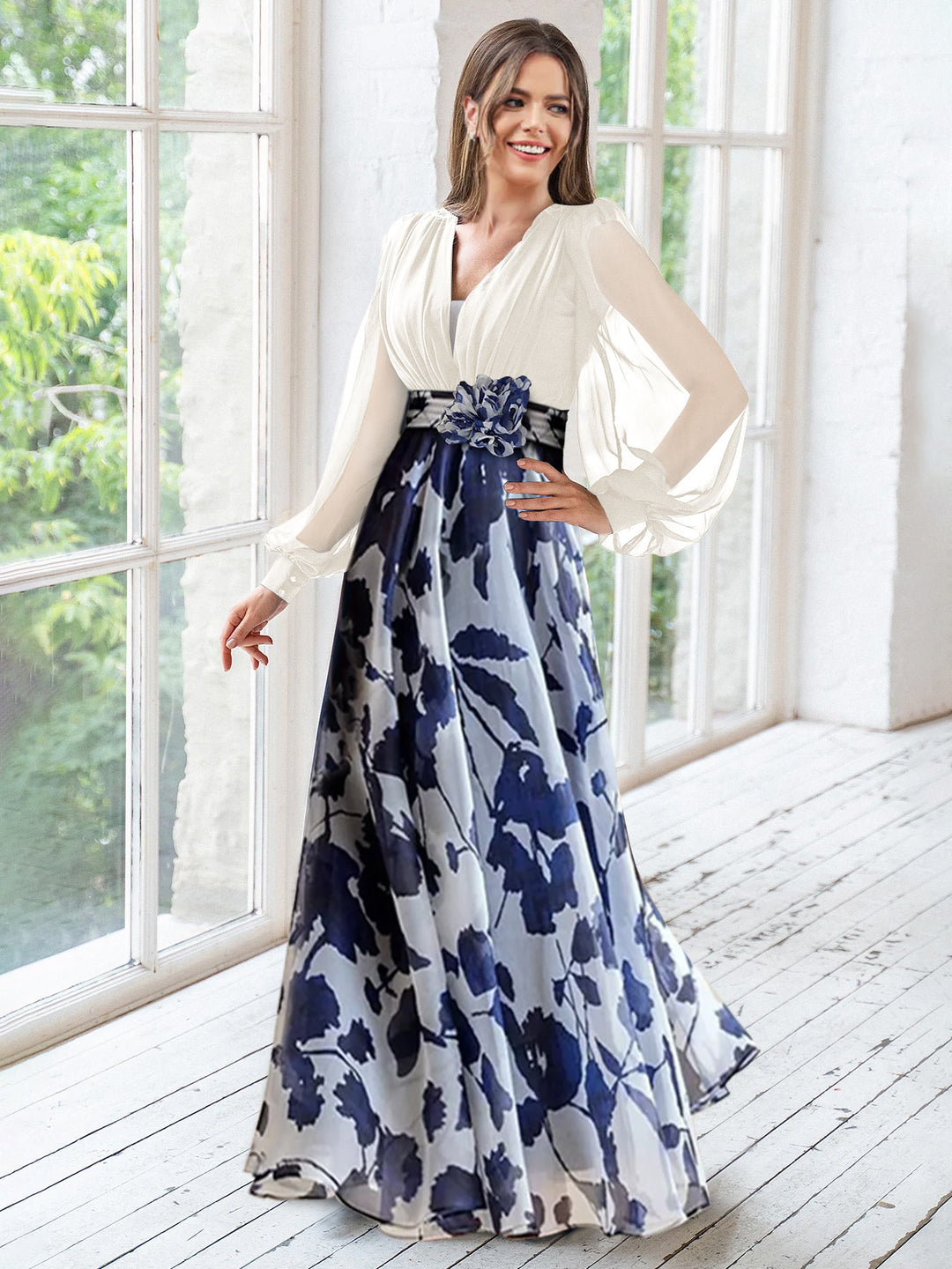 Pale Blue Floral Mother of the Groom Dresses With V-Neck Long Sleeves Floor Length Evening Gown Pale Blue Floral Mother of the Groom Dresses With V-Neck Long Sleeves Floor Length Evening Gown