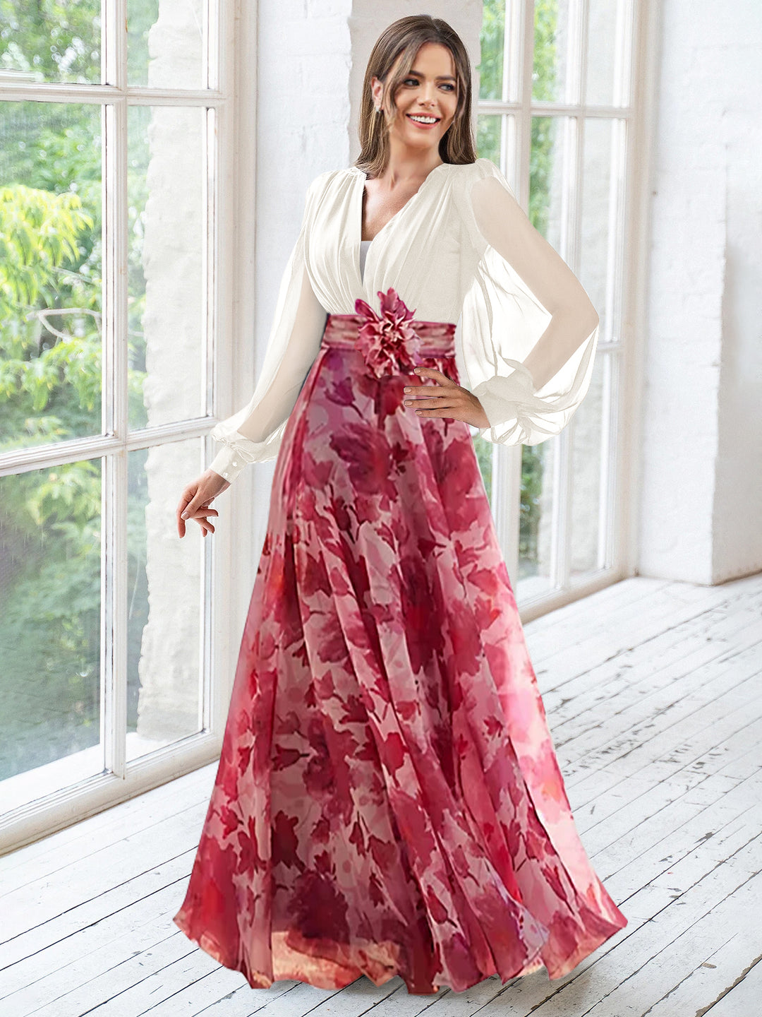 A Line/Princess V-Neck Long Sleeves Floor Length Floral Mother of the Bride Dresses With Flower