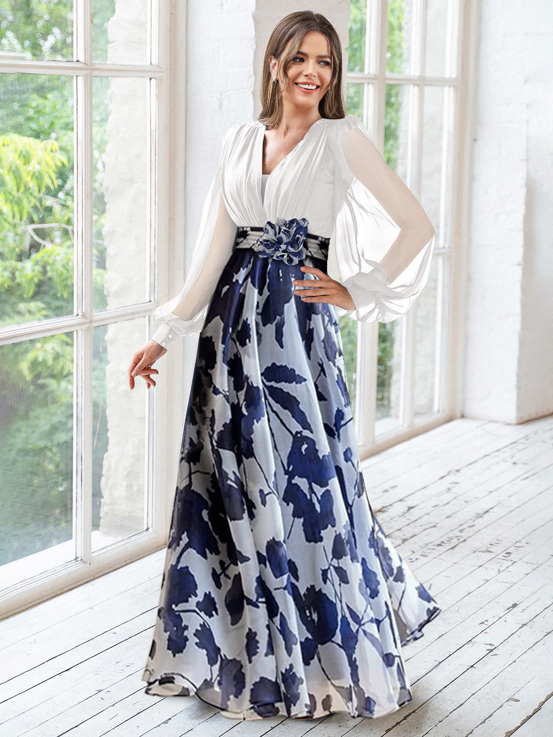 Pale Blue Floral Mother of the Groom Dresses With V-Neck Long Sleeves Floor Length Evening Gown Pale Blue Floral Mother of the Groom Dresses With V-Neck Long Sleeves Floor Length Evening Gown