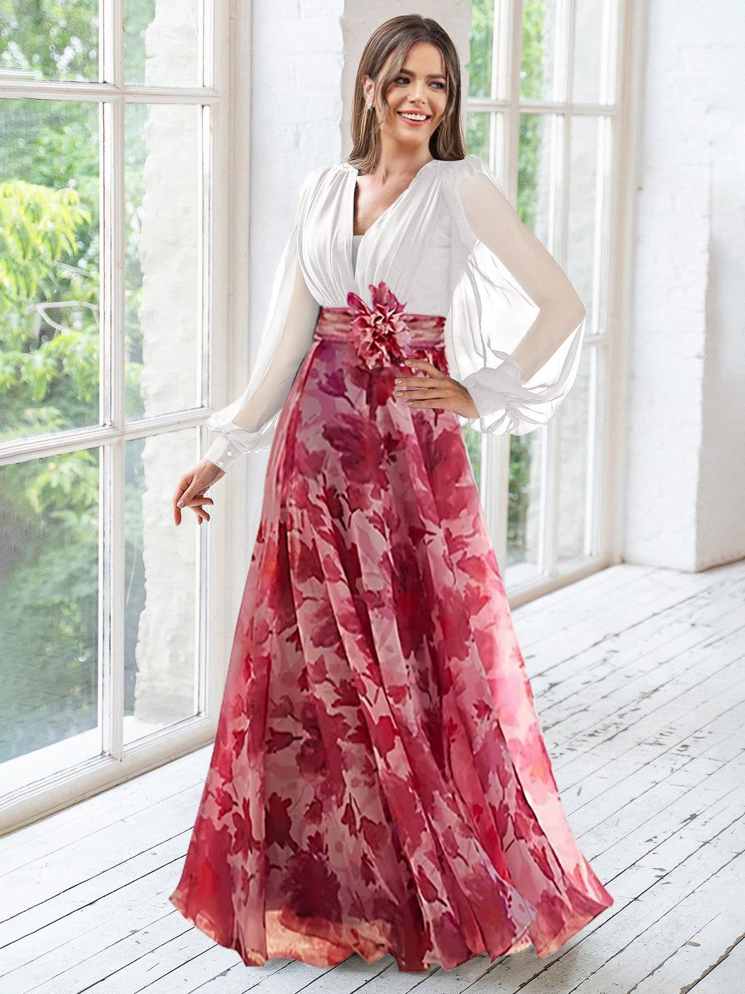 A Line/Princess V-Neck Long Sleeves Floor Length Floral Mother of the Bride Dresses With Flower Ivory&Wine Red A Line/Princess V-Neck Long Sleeves Floor Length Floral Mother of the Bride Dresses With Flower Ivory&Wine Red