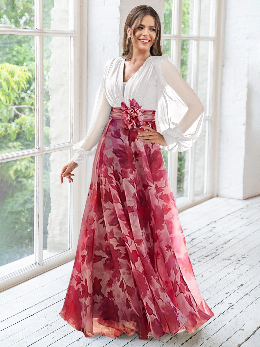 A-Line/Princess V-Neck Long Sleeves Floor Length Girl Red Party Dress