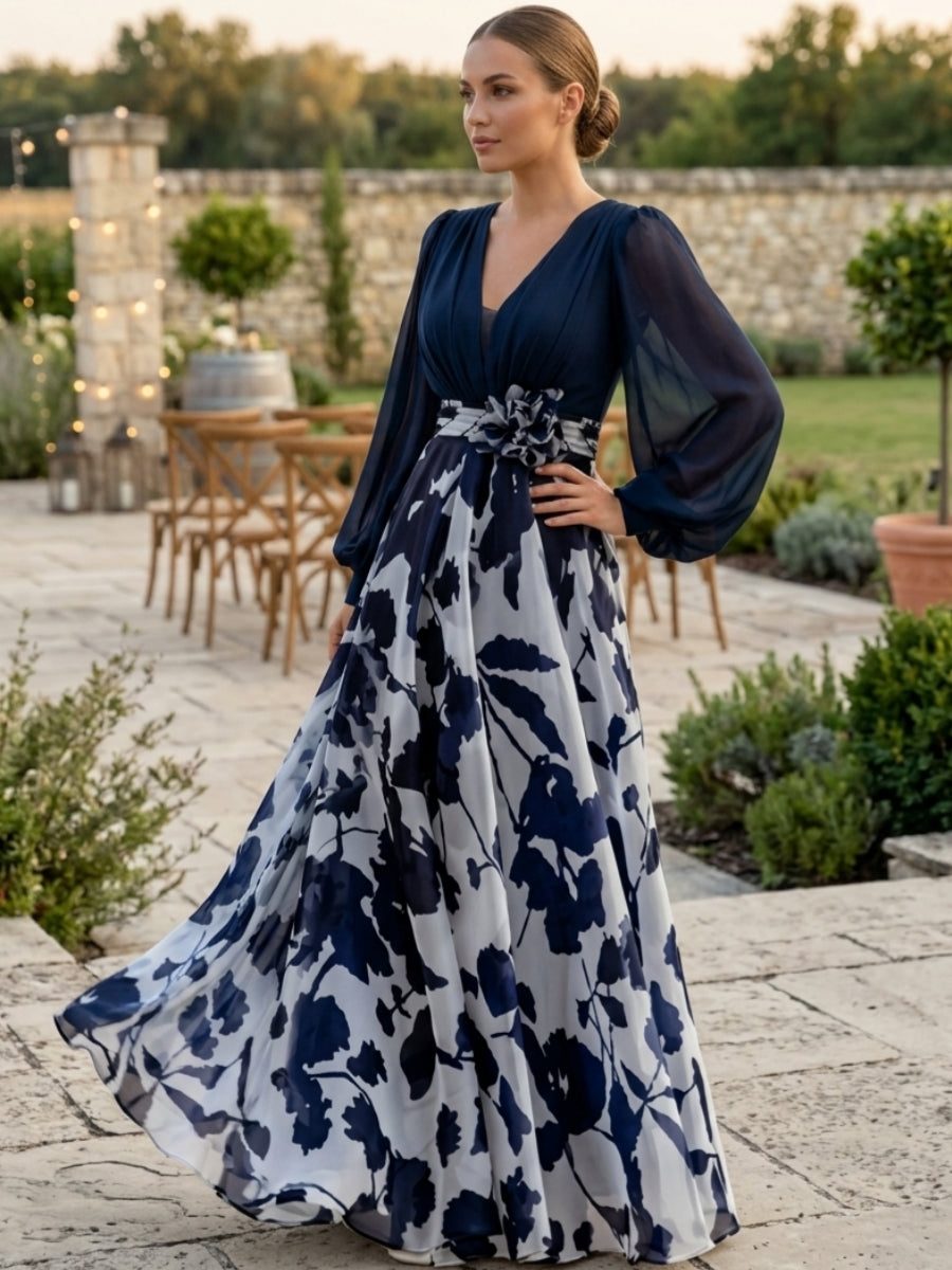 A Line/Princess V-Neck Long Sleeves Floor Length Floral Mother of the Bride Dresses With Flower