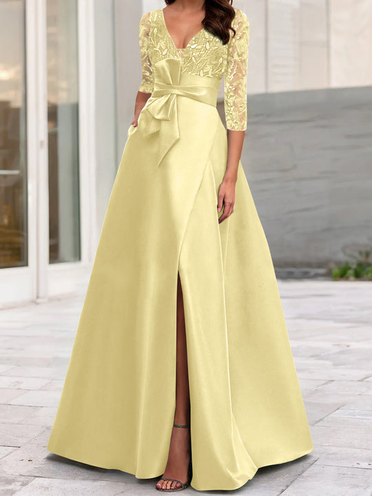 A-Line/Princess V-Neck Floor-Length Mother of the Bride Dresses jumpsuit 3/4 Sleeves