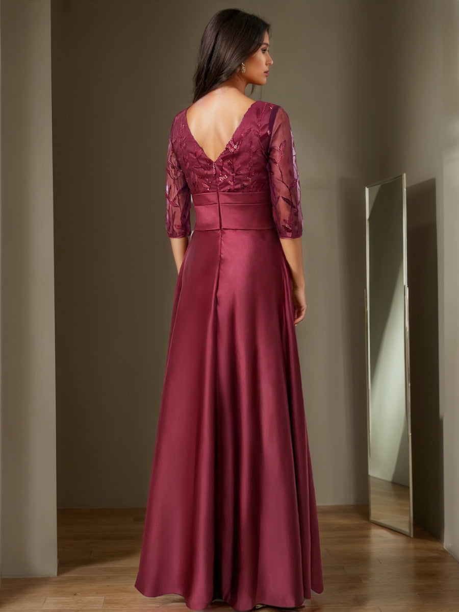 A-Line/Princess V-Neck Floor-Length Mother of the Bride Dresses with Split Side Ruffles Sequins Bow(s)