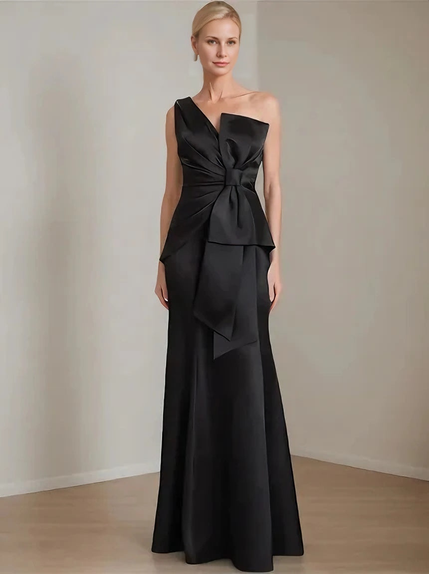 Sheath/Column Satin Floor Length Sleeveless One-Shoulder Bow(s) Mother of the Bride Dresses