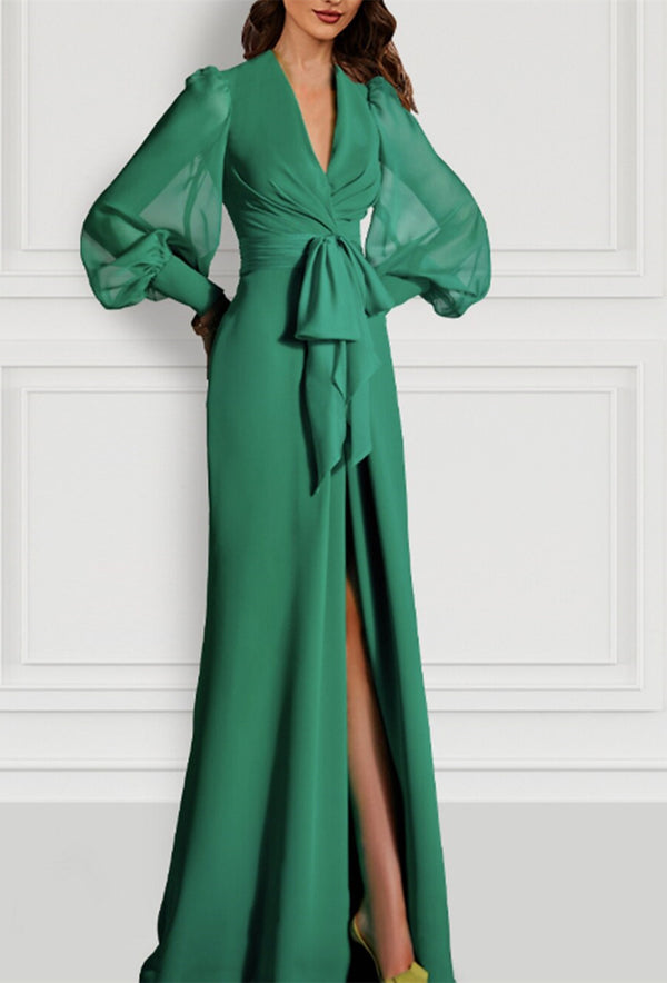Mermaid/Trumpet Sweep/Brush Train Long Sleeve V Neck Mother of the Bride Dress Elastic Chiffon with Slit Strappy