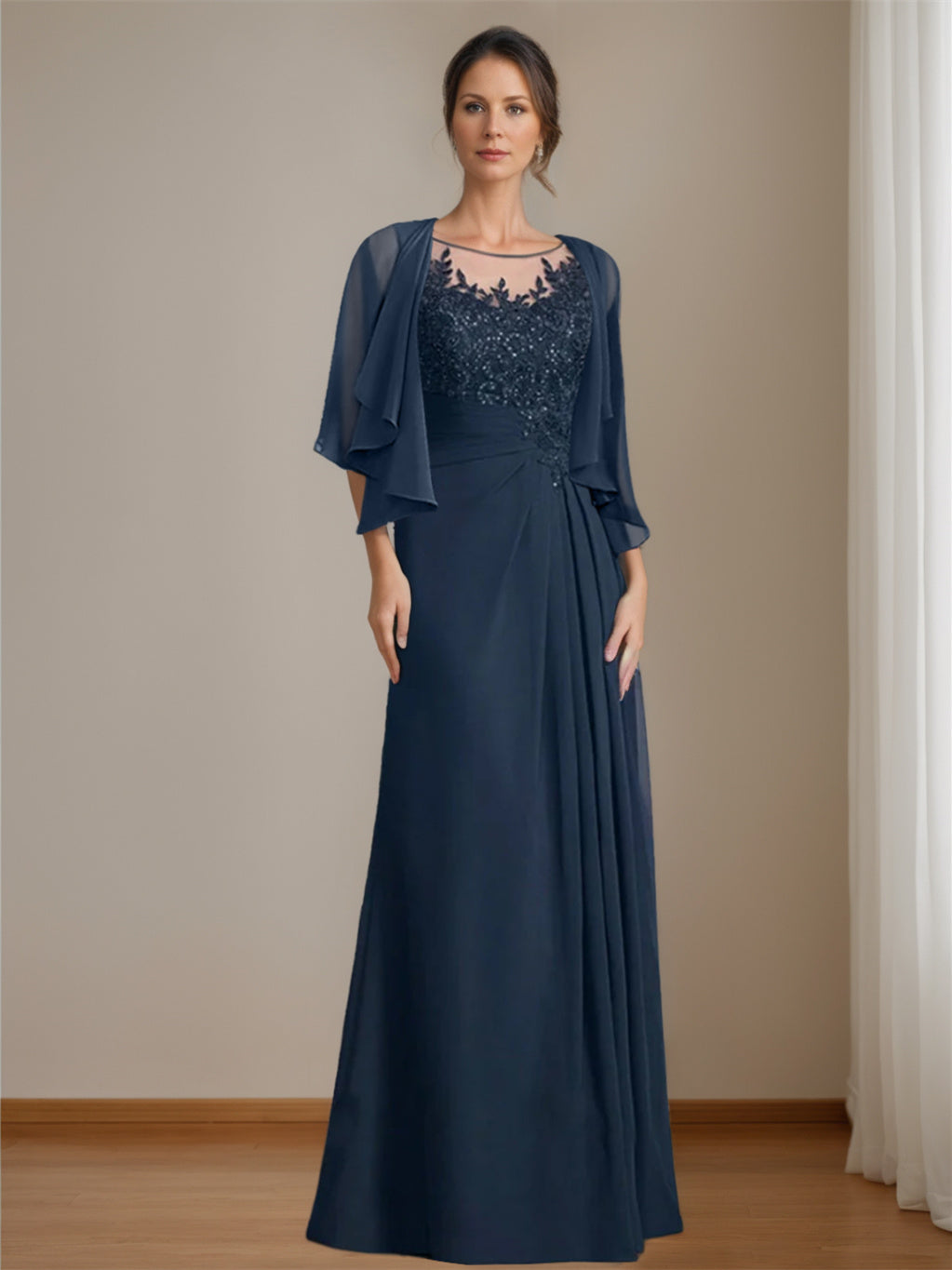 A-Line/Princess Scoop Half Sleeves Floor-Length Mother of the Bride Dresses with Beading main image 1