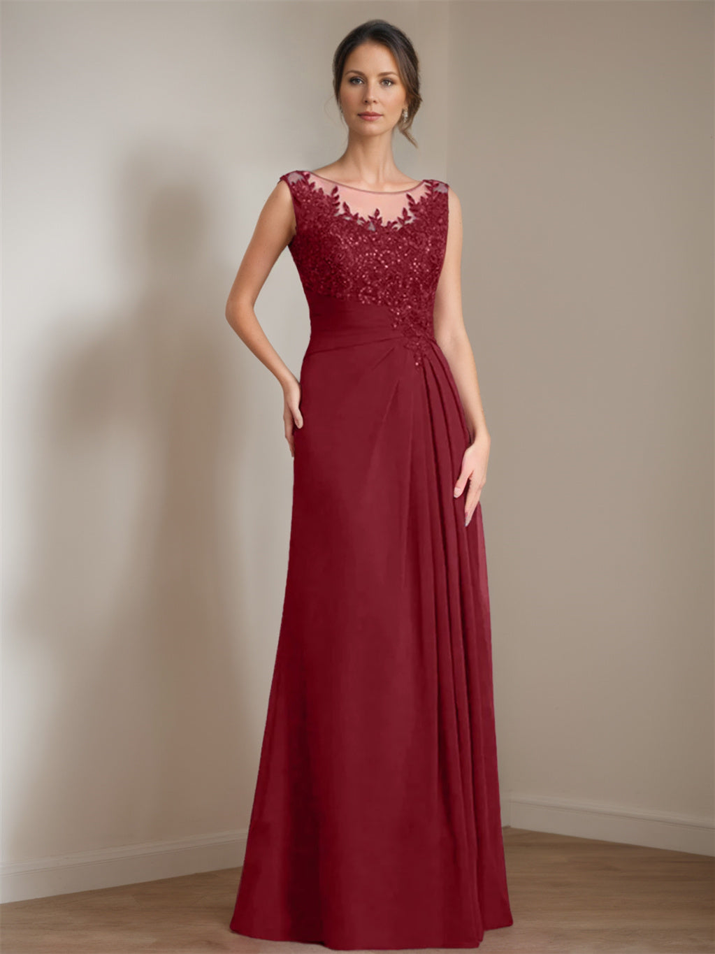 A-Line/Princess Scoop Floor-Length Mother of the Bride Dresses with Pleated & Sequins