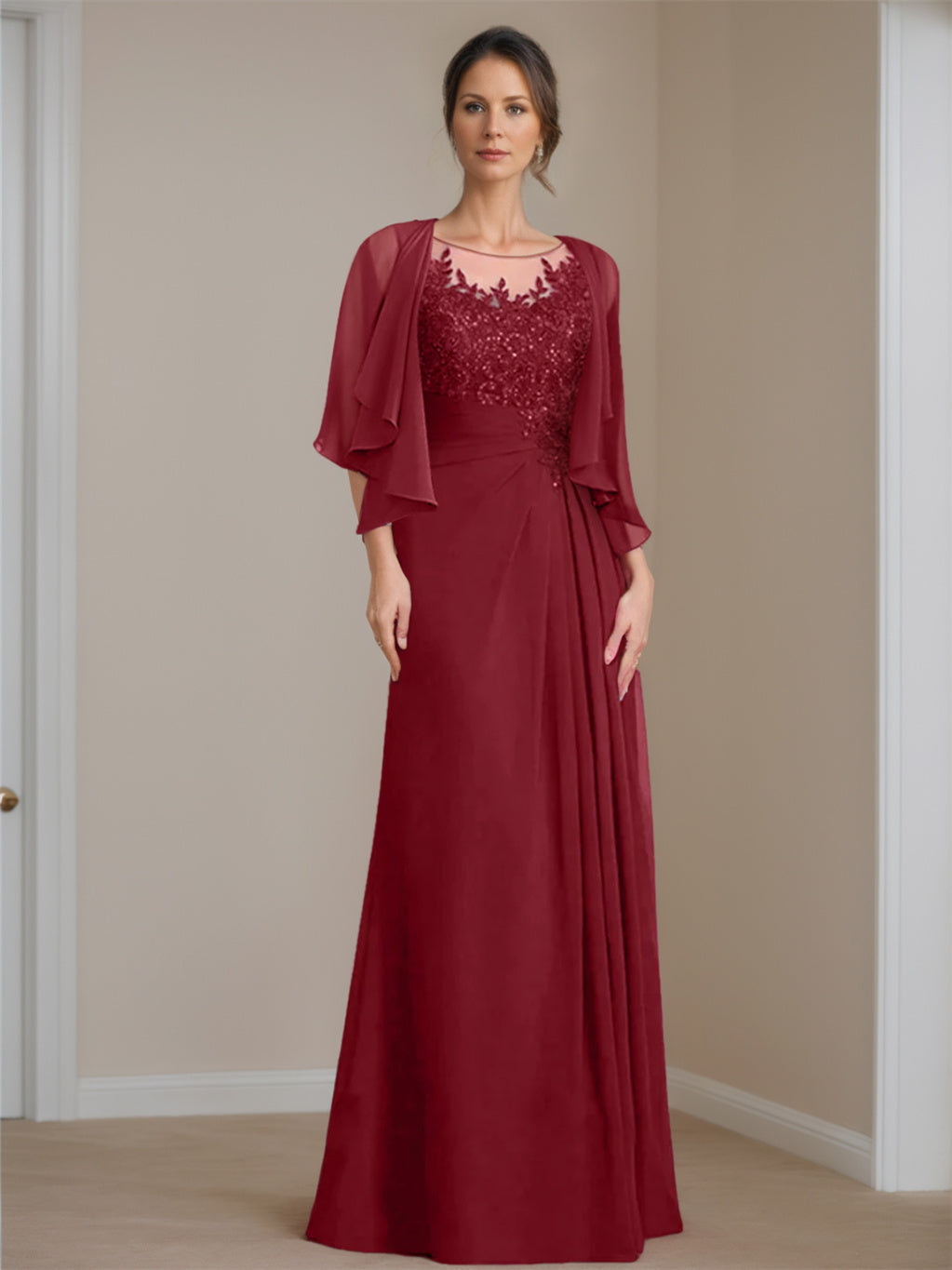 A-Line/Princess Scoop Half Sleeves Floor-Length Mother of the Bride Dresses with Lace