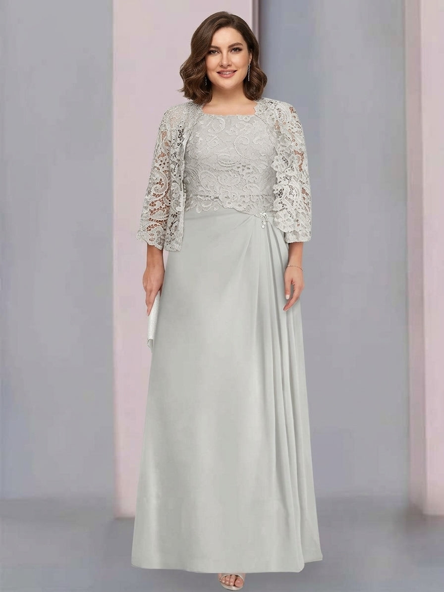 Silver Mother of the Bride Dresses Plus Size 2026 A-Line/Princess Scoop Floor-Length Wedding Formal Guest Party Gowns with Pleated & Sequins, Silver