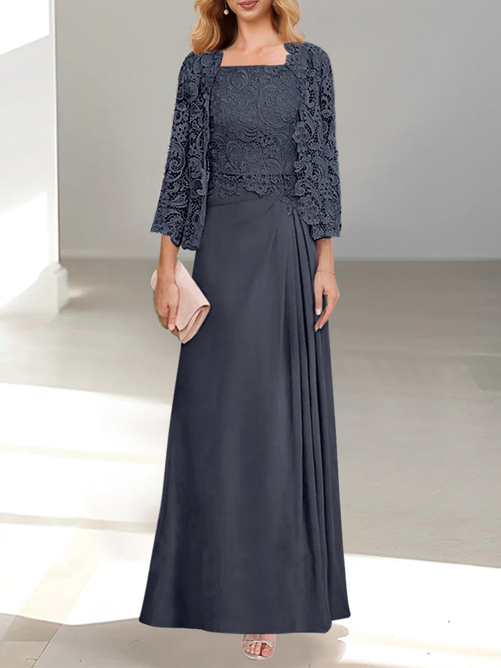 2 Pieces A-Line/Princess Scoop Floor-Length Mother of the Bride Dresses with Pleated & Lace Appliques