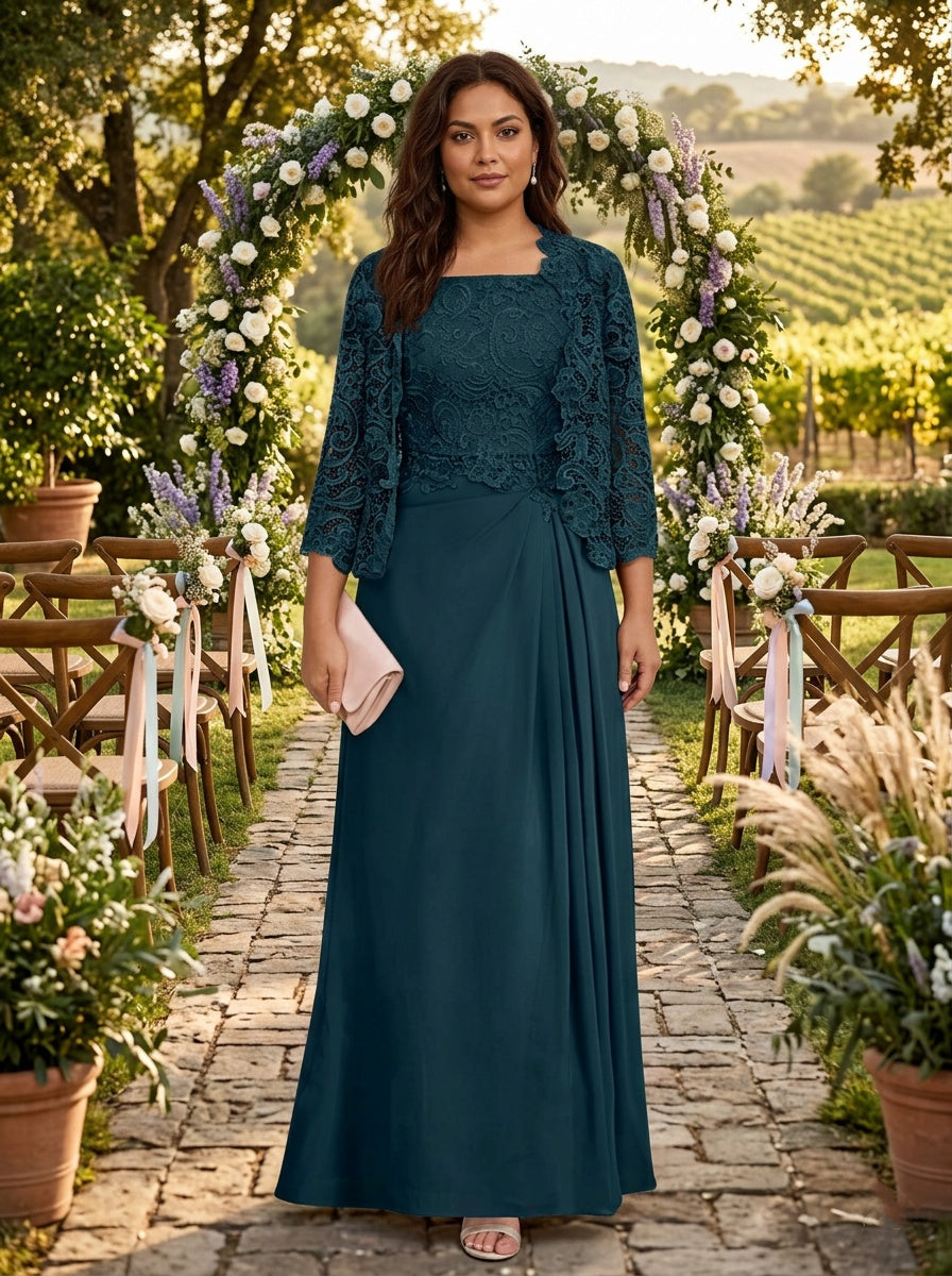 floor length A-line mother of the bride dress with pleated detail