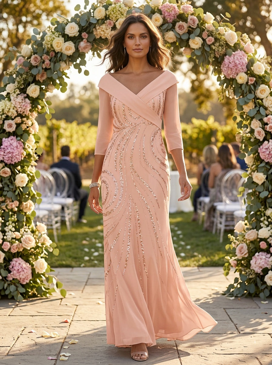 Sheath/Column V-Neck 3/4 Length Sleeve Floor-Length Mother of the Bride Dresses with Sequins Beading