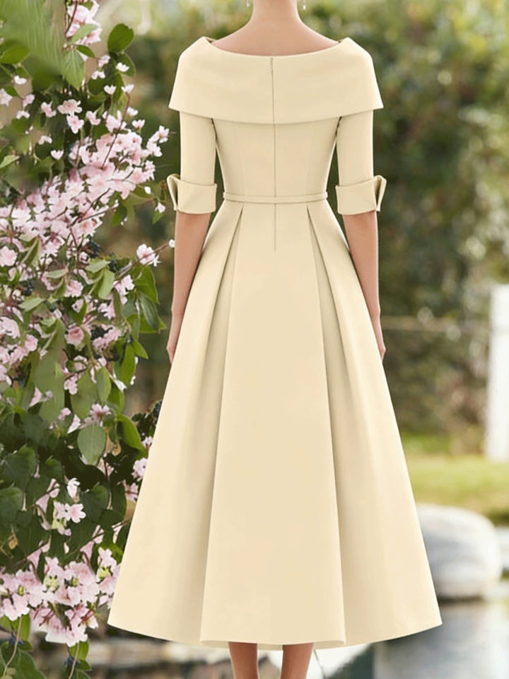 A-Line/Princess Cowl Neck Bow(s) 3/4 Sleeves Tea Length Elegant Mother of the Bride  & Groom Dresses