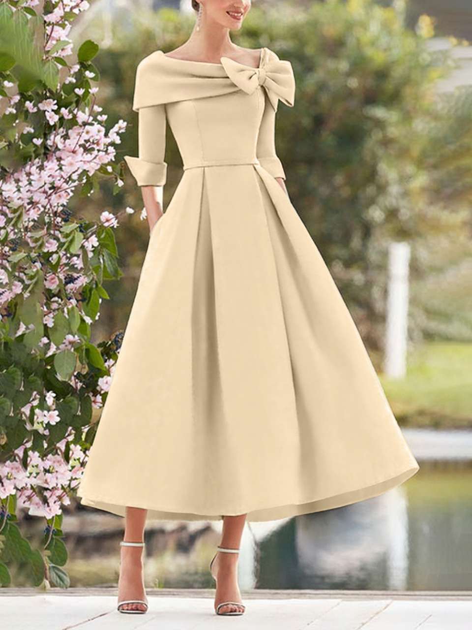 A-Line/Princess Cowl Neck Bow(s) 3/4 Sleeves Tea Length Elegant Mother - Mondressy A-Line/Princess Cowl Neck Bow(s) 3/4 Sleeves Tea Length Elegant Mother - Mondressy