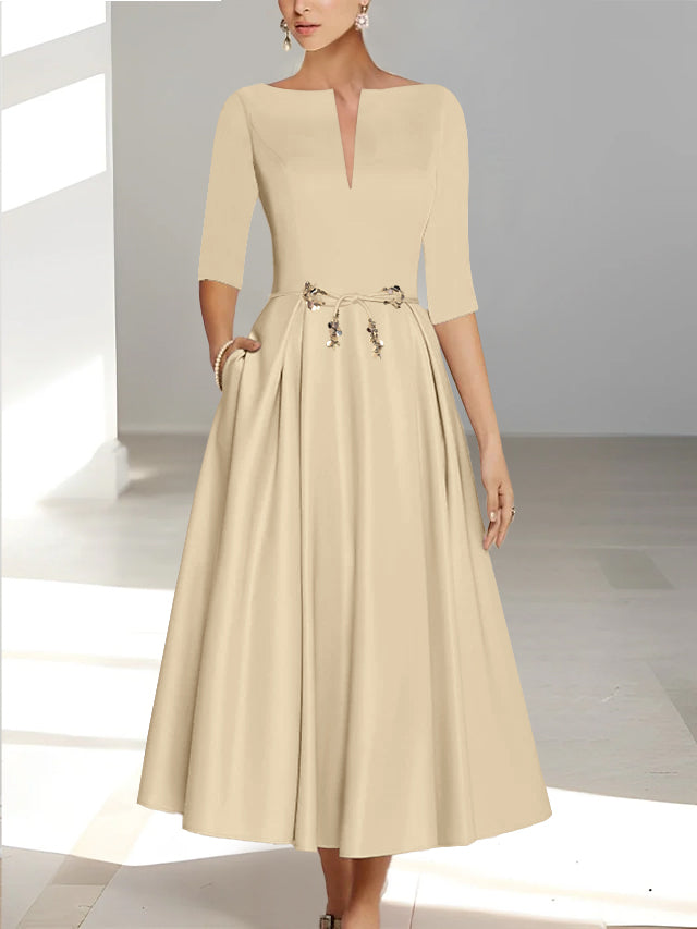 Satin Mother of The Groom Dresses Elegant 2026 Women's A-Line Half Sleeves Ankle Formal Wedding Guest Evening Ball Gowns with Pockets, Ivory Satin Mother of The Groom Dresses Elegant 2026 Women's A-Line Half Sleeves Ankle Formal Wedding Guest Evening Ball Gowns with Pockets, Ivory