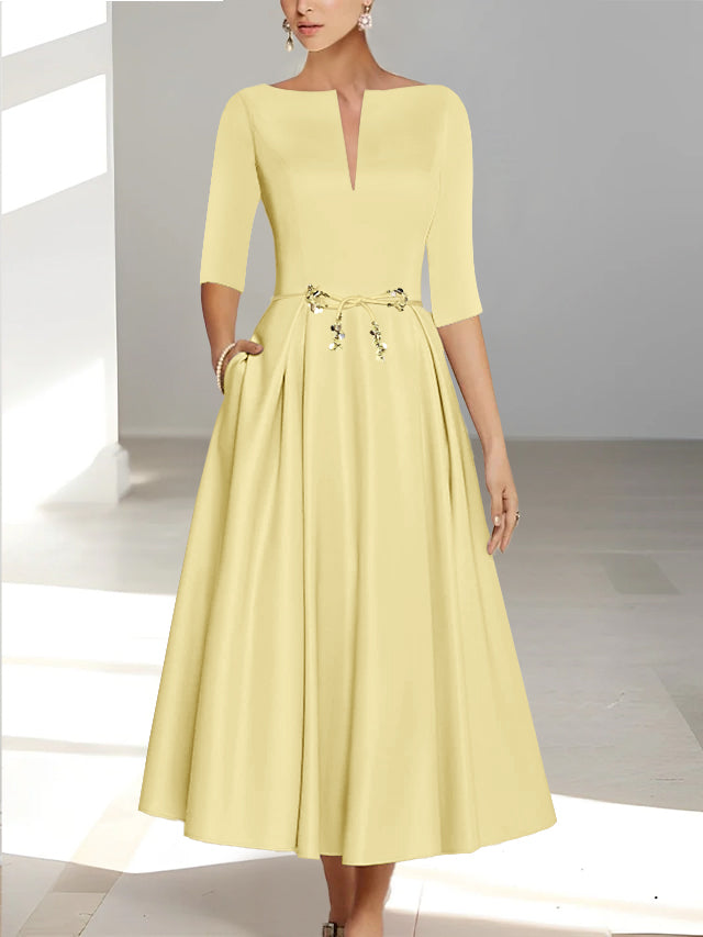 yellow mother of the groom dresses Satin Mother of The Groom Dresses Elegant 2026 Women's A-Line Half Sleeves Ankle Formal Wedding Guest Evening Ball Gowns with Pockets, Ivory