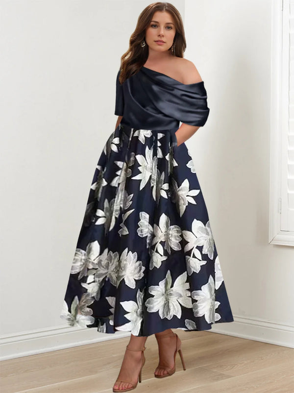 A-Line/Princess One-shoulder Printed Flower Plus Size Mother of the Bride Dresses