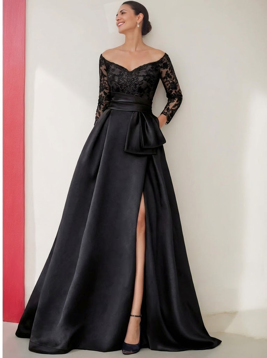 A-Line/Princess Off-the-Shoulder 3/4 Length Sleeves Floor-Length Mother of the Bride Dresses with Split Side