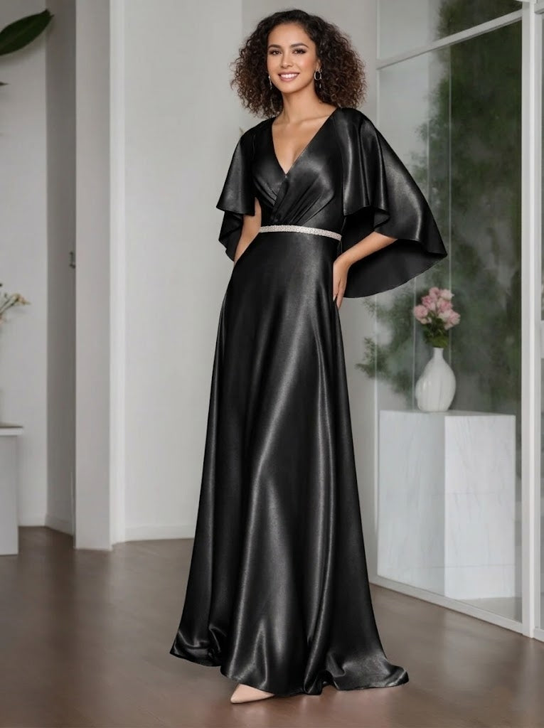 A-Line/Princess Elegant V-Neck Short Cape Sleeves Floor-Length Mother of the Bride Dresses with Ruffle