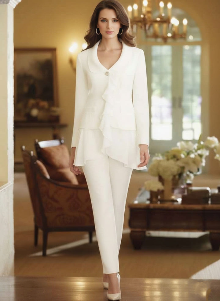 White V-Neck Long Sleeves Floor Length Mother of the Bride Pantsuits With Ruffle