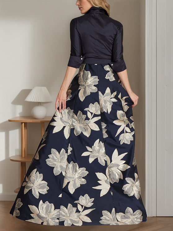 A-Line/Princess Shirt Collar 3/4 Sleeves Floor Length Printed Flower Mother of the Bride Dresses