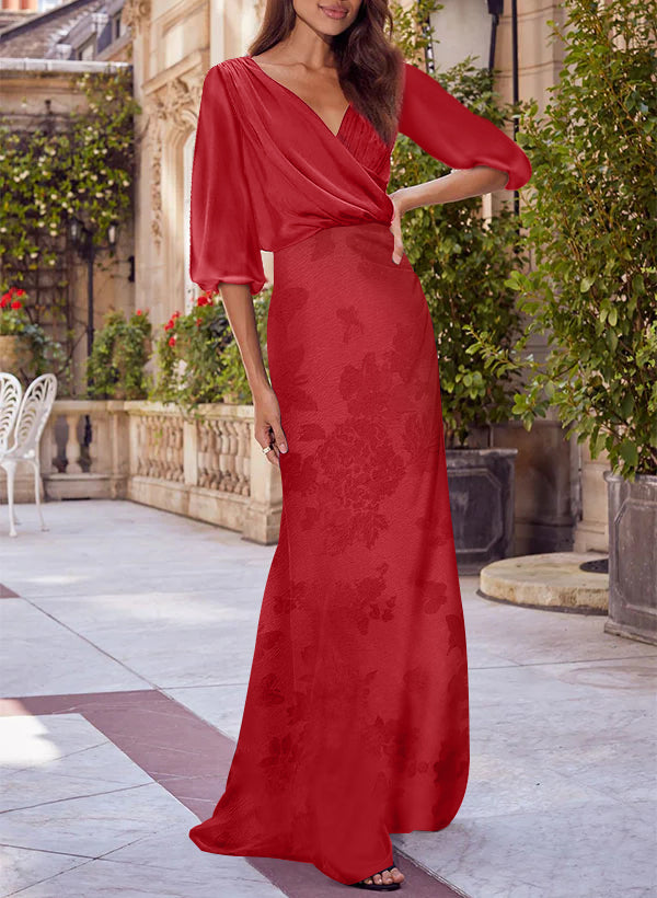 Column Floral Print V-neck Half Sleeves Red Mother of the Bride & Groom Dresses Red (Floral Print All)