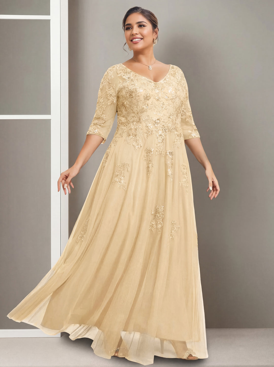 A-Line/Princess V-Neck Half Sleeves Floor-Length Plus Size Mother of the Bride Dresses with Sequins