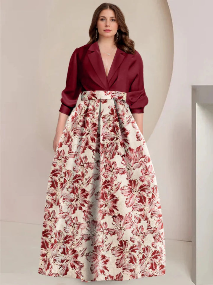 A-Line/Princess Shirt Collar 3/4 Sleeves Printed Flower Plus Size Mother of the Bride & Groom Dresses
