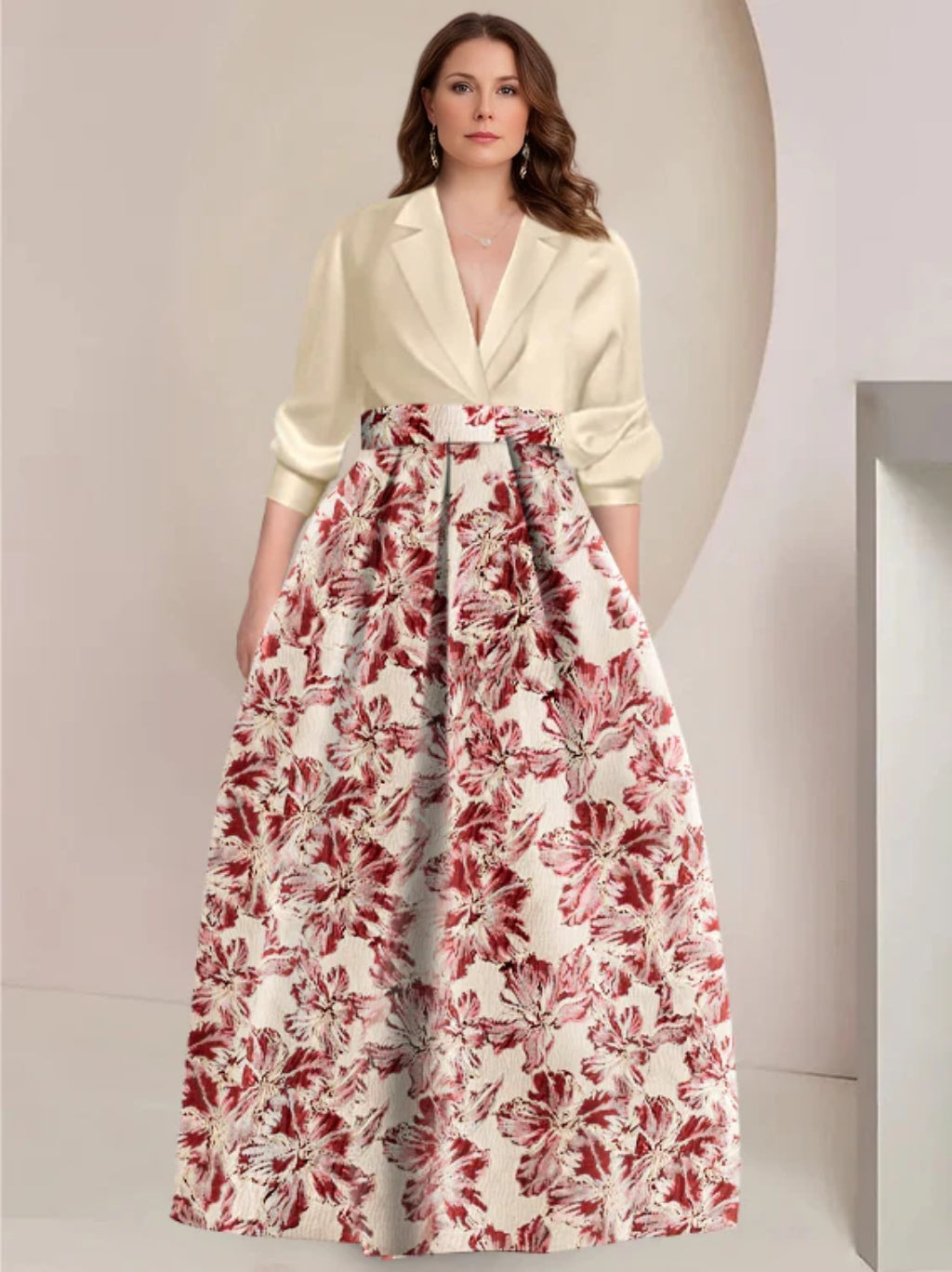 A-Line/Princess Shirt Collar 3/4 Sleeves Printed Flower Plus Size Mother of the Bride & Groom Dresses