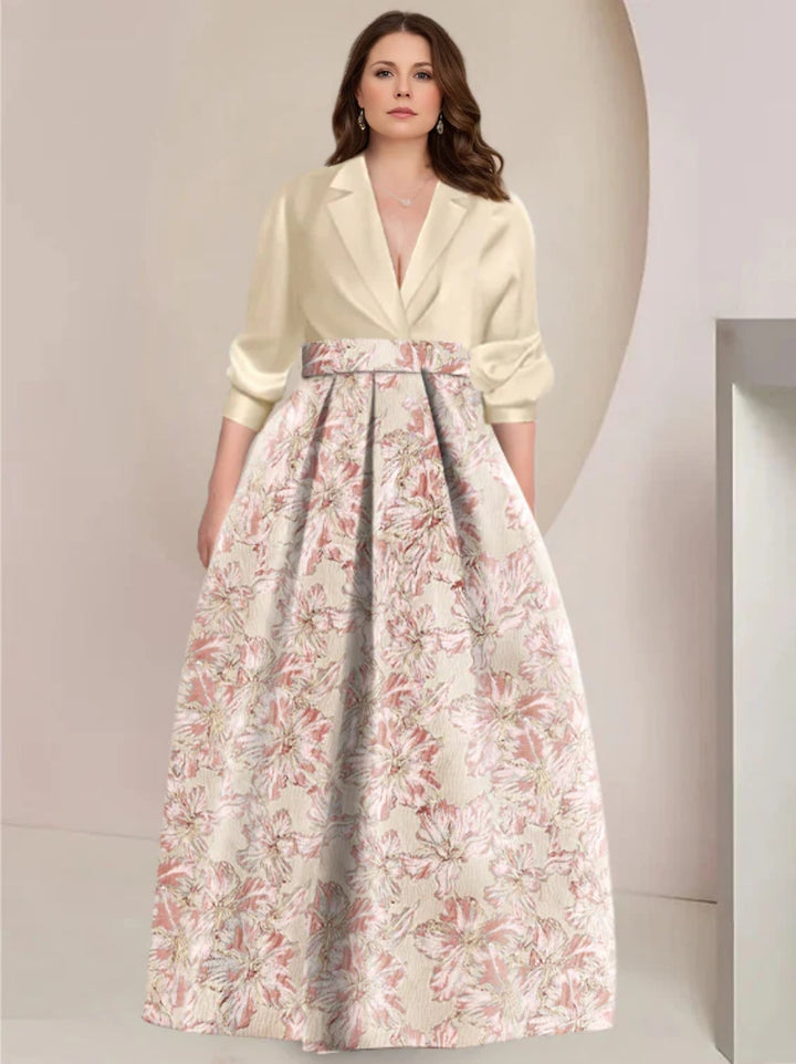 A-Line/Princess Shirt Collar 3/4 Sleeves Printed Flower Plus Size Mother of the Bride & Groom Dresses