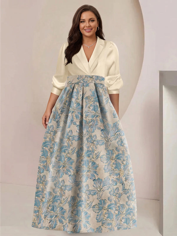 A-Line/Princess Shirt Collar 3/4 Sleeves Printed Flower Plus Size Mother of the Bride & Groom Dresses