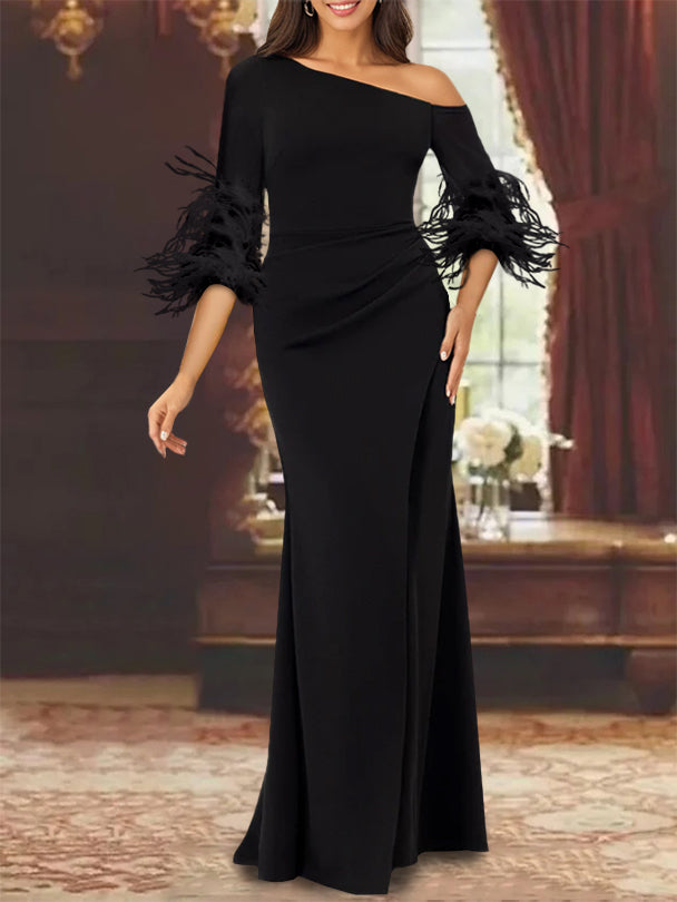 Trumpet/Mermaid Mother Of The Bride Feather Dresses with One Shoulder Long Sleeves Chiffon Orange