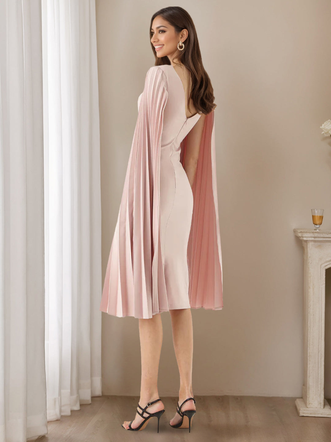 Sheath/Column Scoop Pleated Long Sleeves Tea Length Mother of the Bride & Groom Dresses