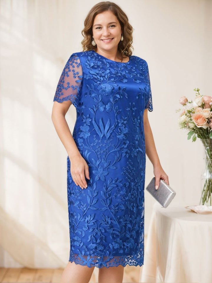 Sheath/Column Scoop Short Sleeves Tea-Length Plus Size Mother of the Bride Dresses with Appliques