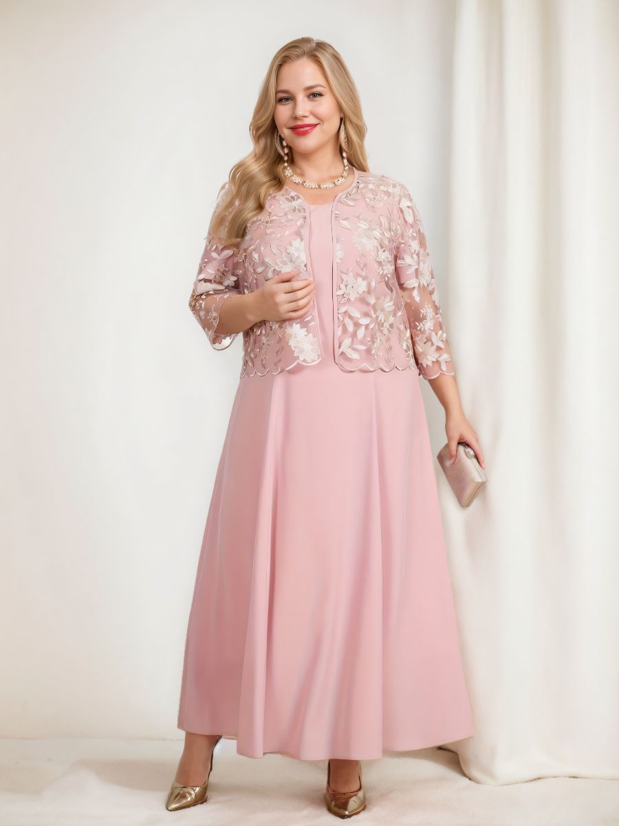 2 Pieces Mother of The Bride Dresses A-Line/Princess 3/4 Sleeves Tea-Length Plus Size Wedding Guest Gowns with Appliques & Jacket, L / Pink 2 Pieces Mother of The Bride Dresses A-Line/Princess 3/4 Sleeves Tea-Length Plus Size Wedding Guest Gowns with Appliques & Jacket, L / Pink